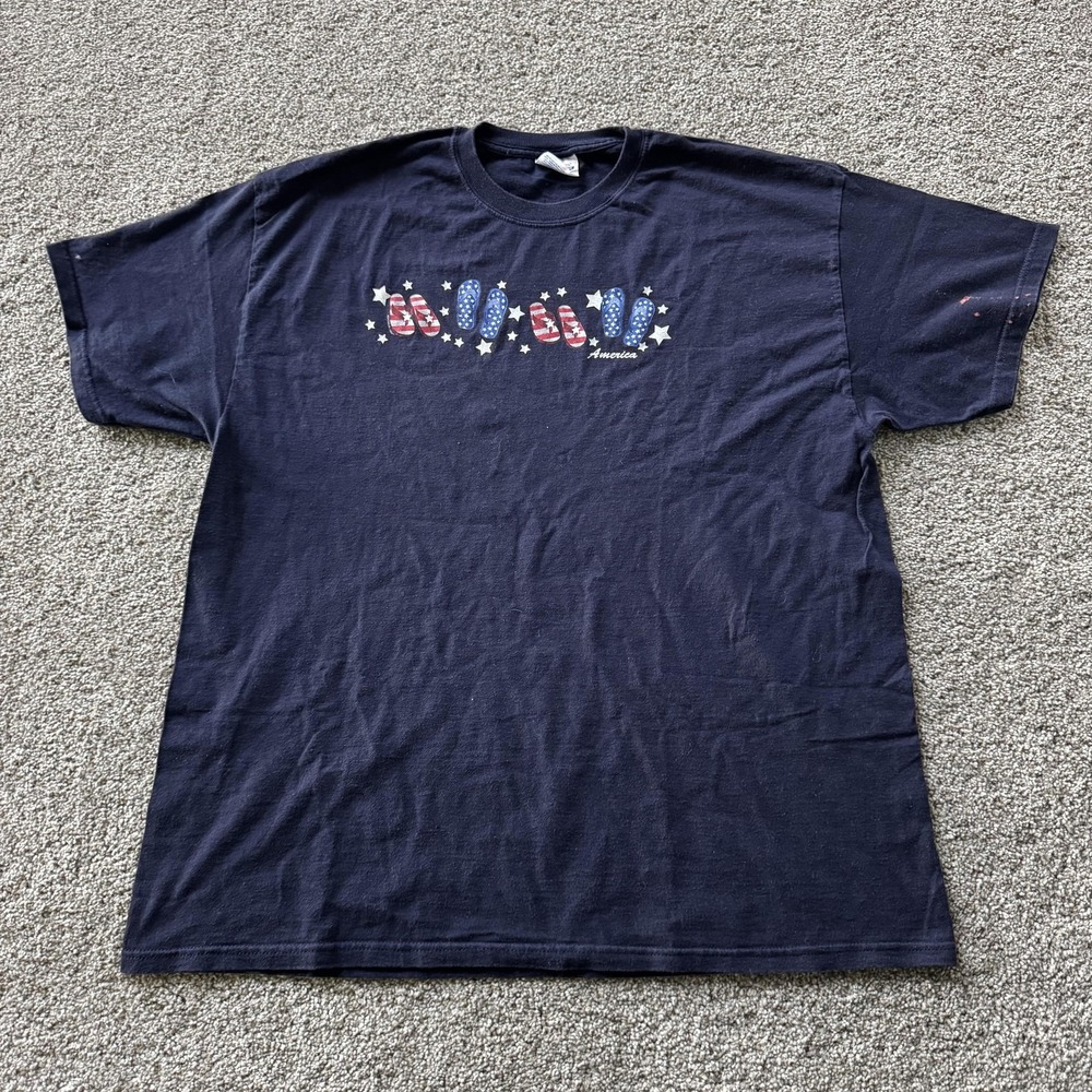 Hanes Heavyweight T Shirt Mens XL Blue Patriotic America Flip Flops Graphic Tee